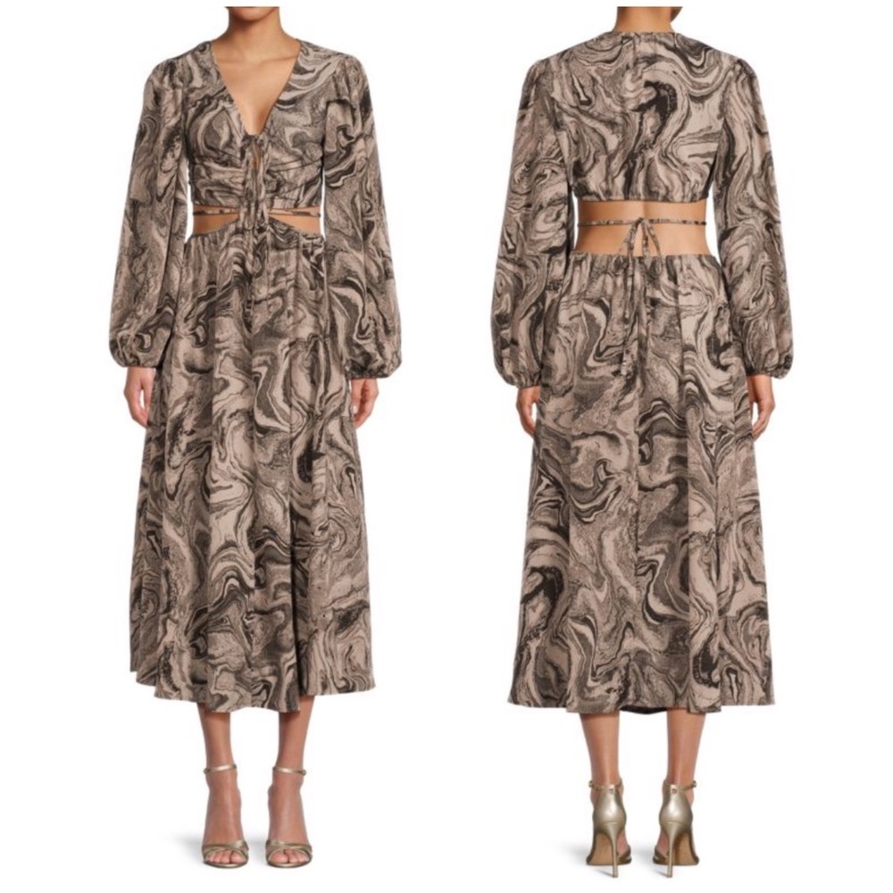 Anthro Moon River Marble Print Cutout Puff Sleeve Midi Dress